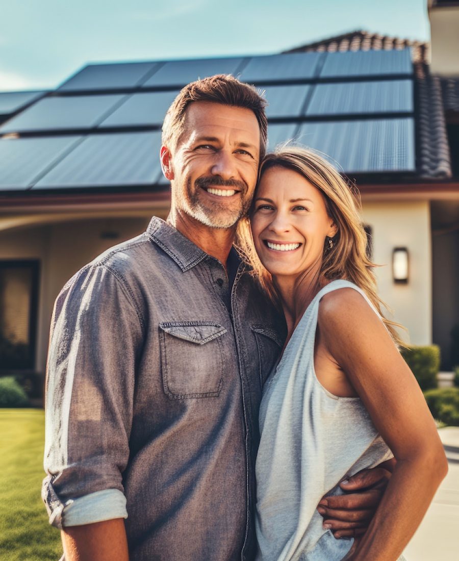 A happy couple stands smiling in the driveway of a large house with solar panels installed. Generative AI